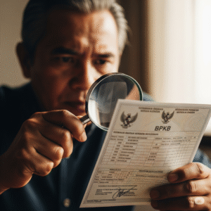 Seseorang sedang memeriksa keaslian dan status BPKB mobil dengan kaca pembesar, simbol cara cek mobil kredit macet.